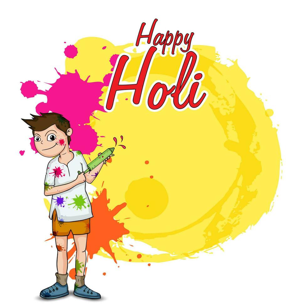 Indian festival of colours, Happy Holi concept with and Indian boy playing with colourgun and colour splash against yellow and white background. vector