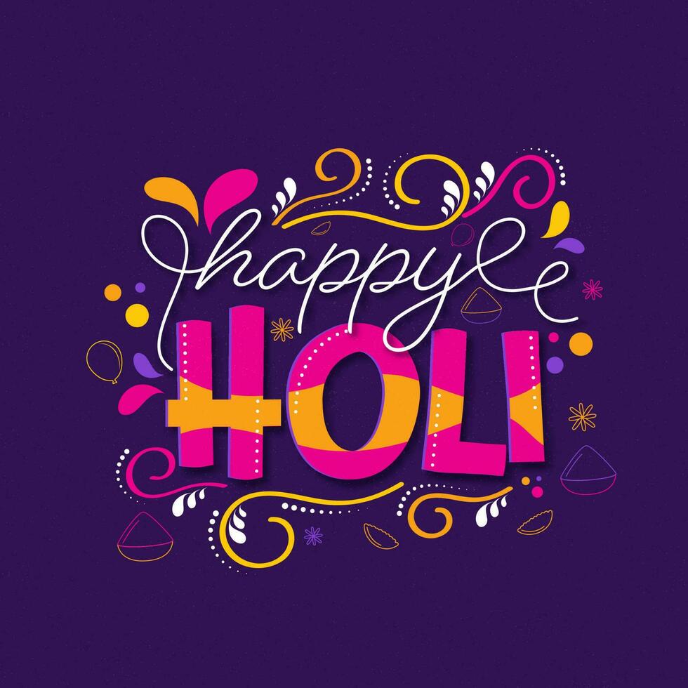 Happy Holi Lettering Decorated With Flourish, Balloons, Powder In Bowls And Arc Drops On Purple Background. vector
