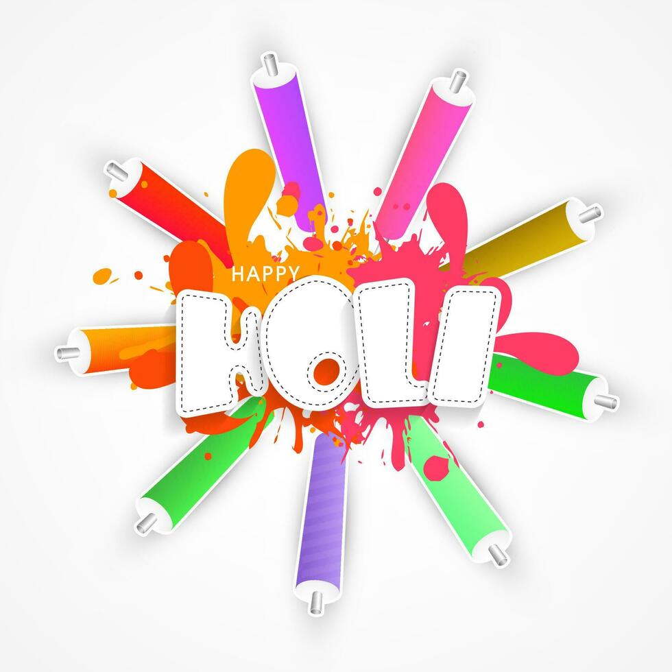 Indian festival of colours, Happy Holi concept with stylish text Holi and colourguns with splash. vector