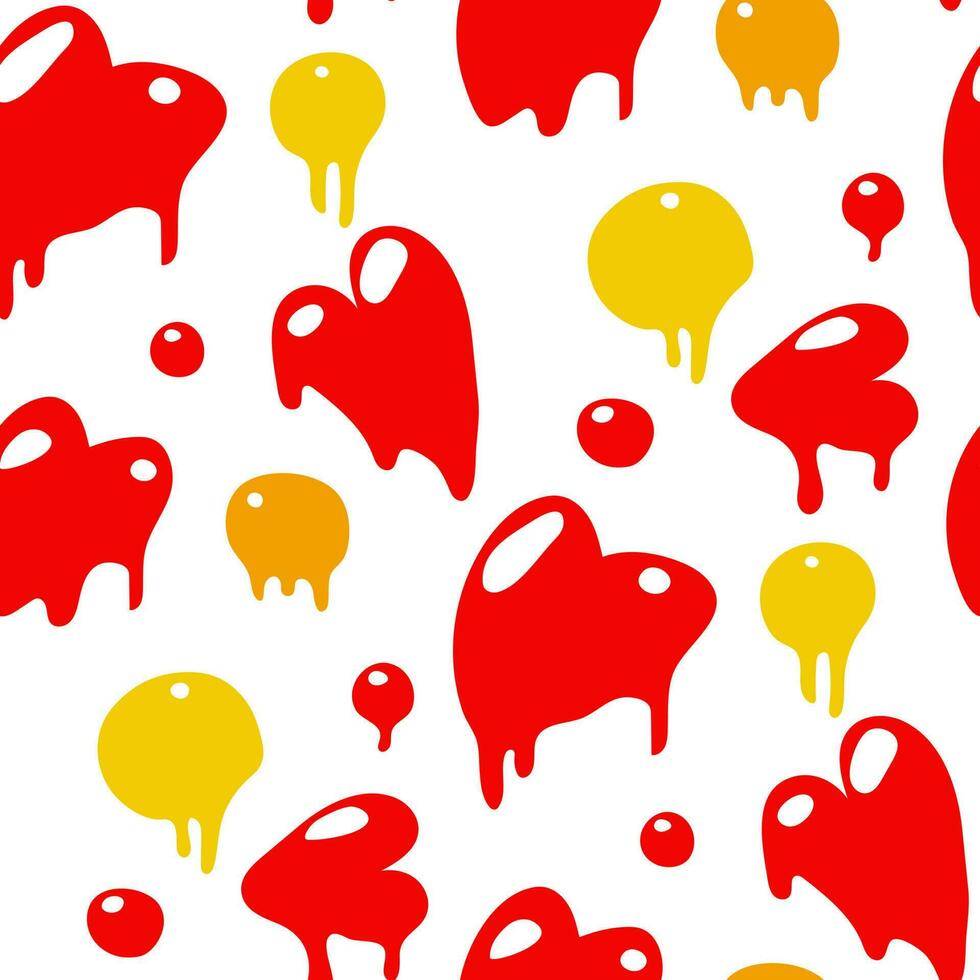 A pattern of unique hearts and balls in the style of graffiti. Dripping paint, brushstroke, ink splashes, grunge. Hand-drawn fashionable vector illustration as a background for printing packaging