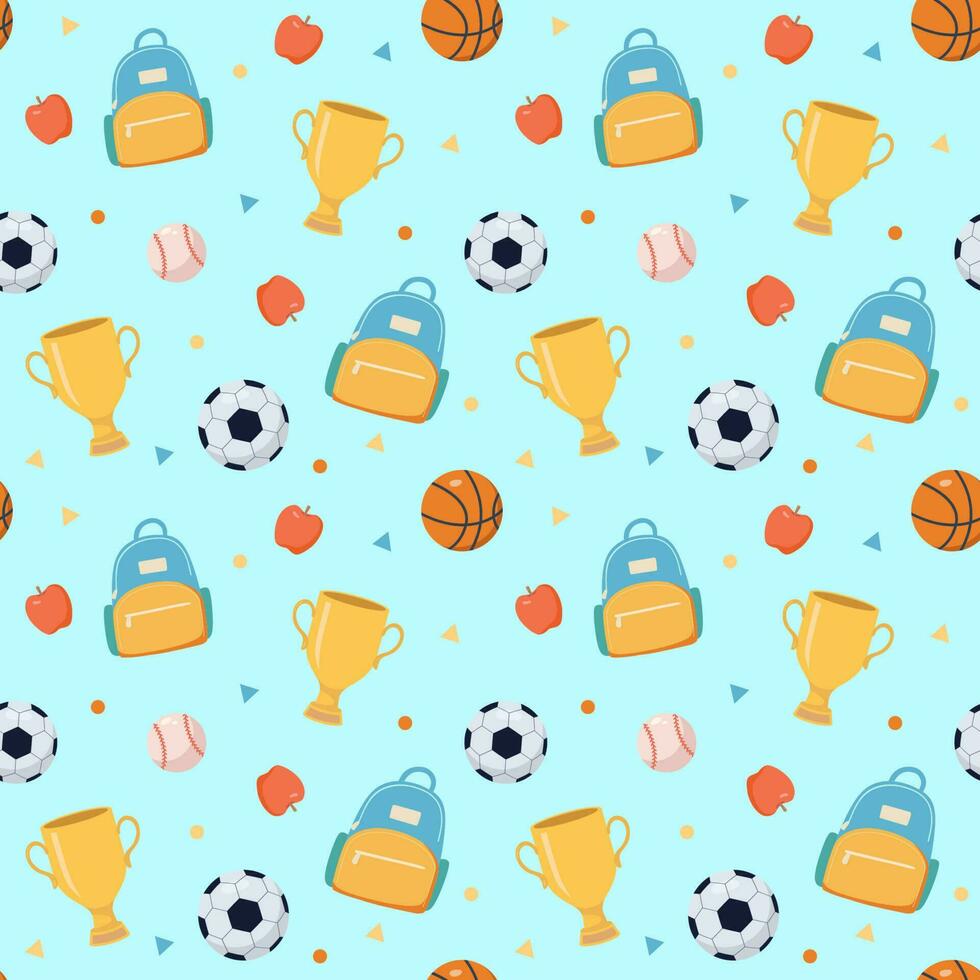 Back to school vector seamless pattern. Football, basketball, baseball background. Sport avard