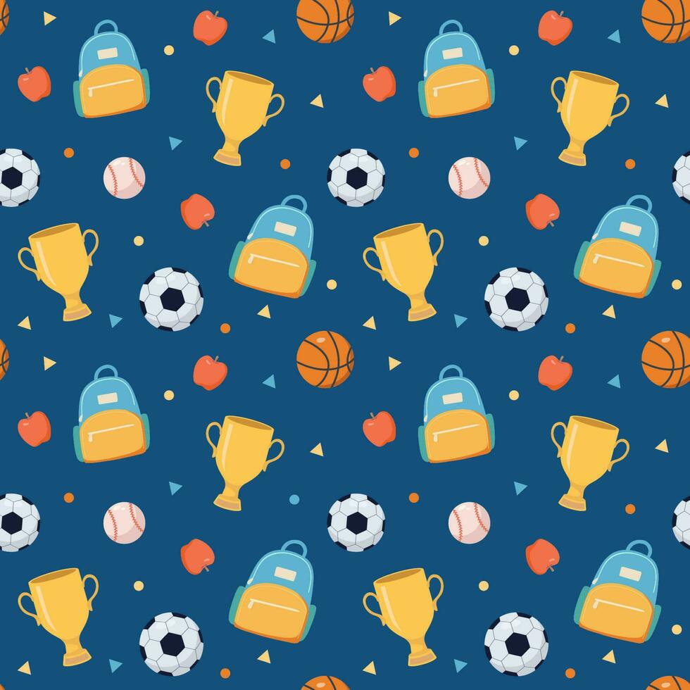 Back to school vector seamless pattern. Football, basketball, baseball background. Sport avard