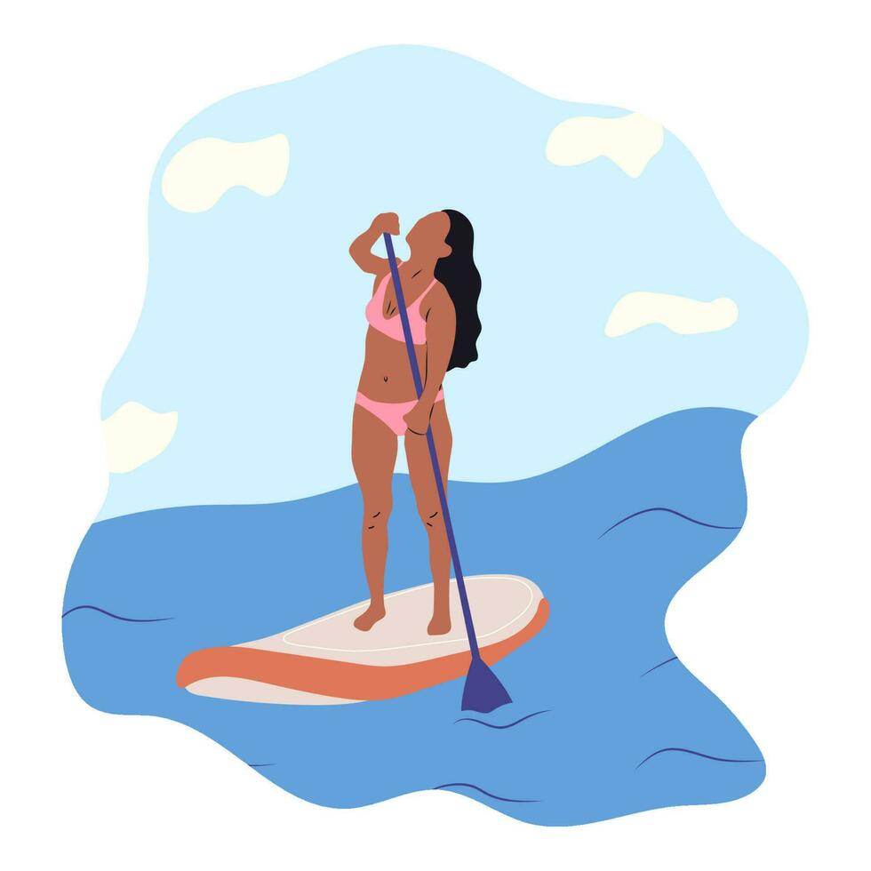 Water sports. Young woman standing on sup board isolated. Surfers and others during windsurfing, kiteboarding. Flat graphic vector illustrations