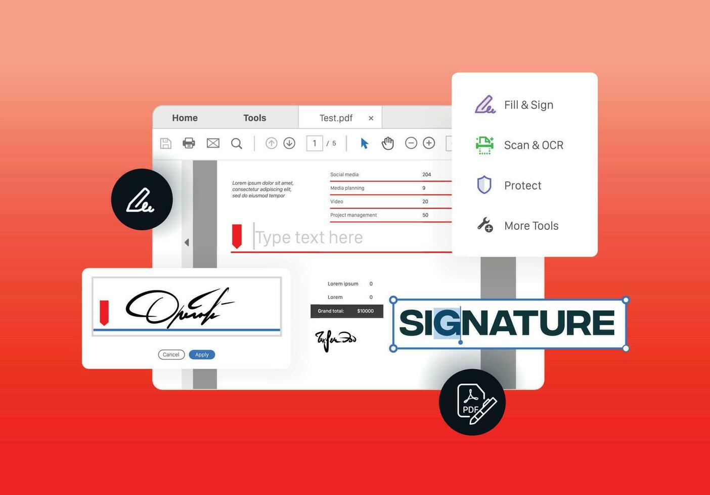 Program for creating digital signatures in pdf format. Software for view, create, manipulate, print and manage Portable Document Format. Editing text documents vector