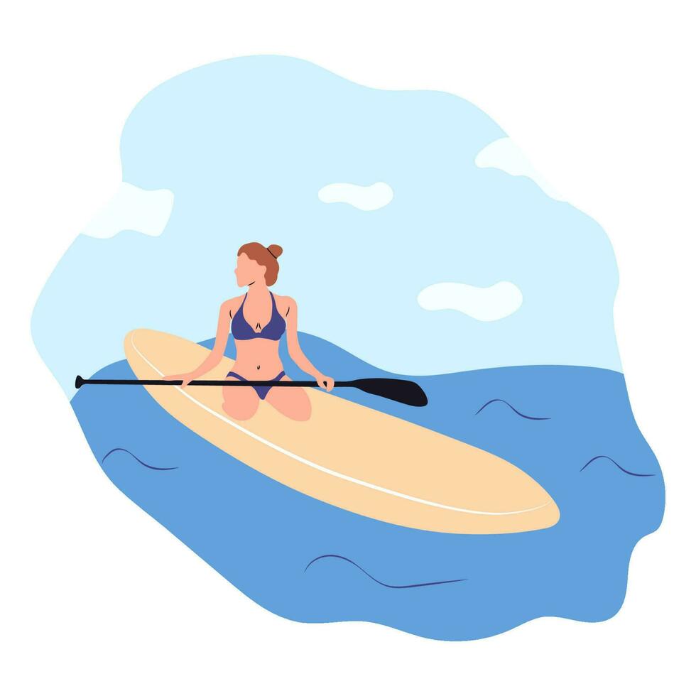 Water sports. Young woman standing on sup board isolated. Surfers and others during windsurfing, kiteboarding. Flat graphic vector illustrations