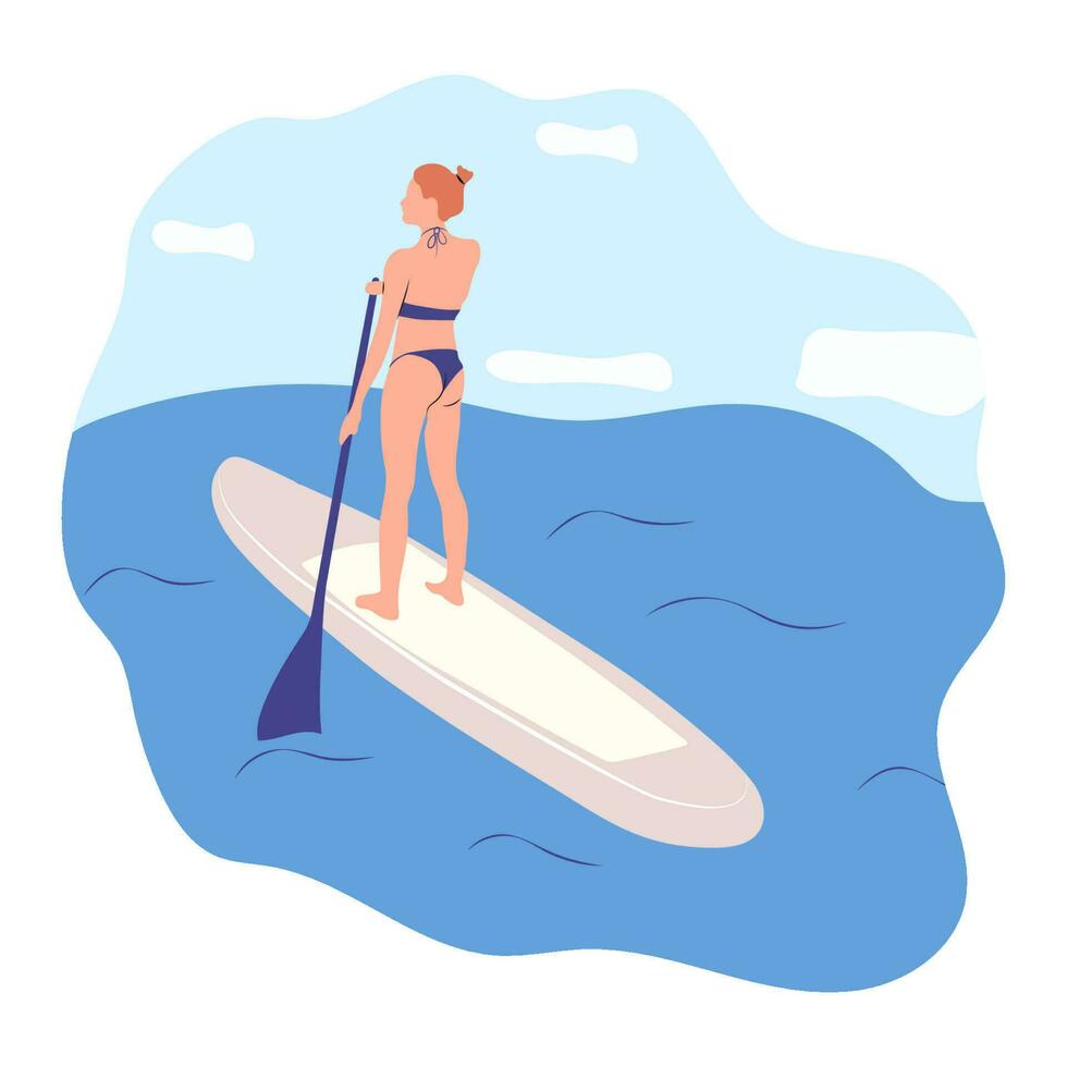 Water sports. Young woman standing on sup board isolated. Surfers and others during windsurfing, kiteboarding. Flat graphic vector illustrations