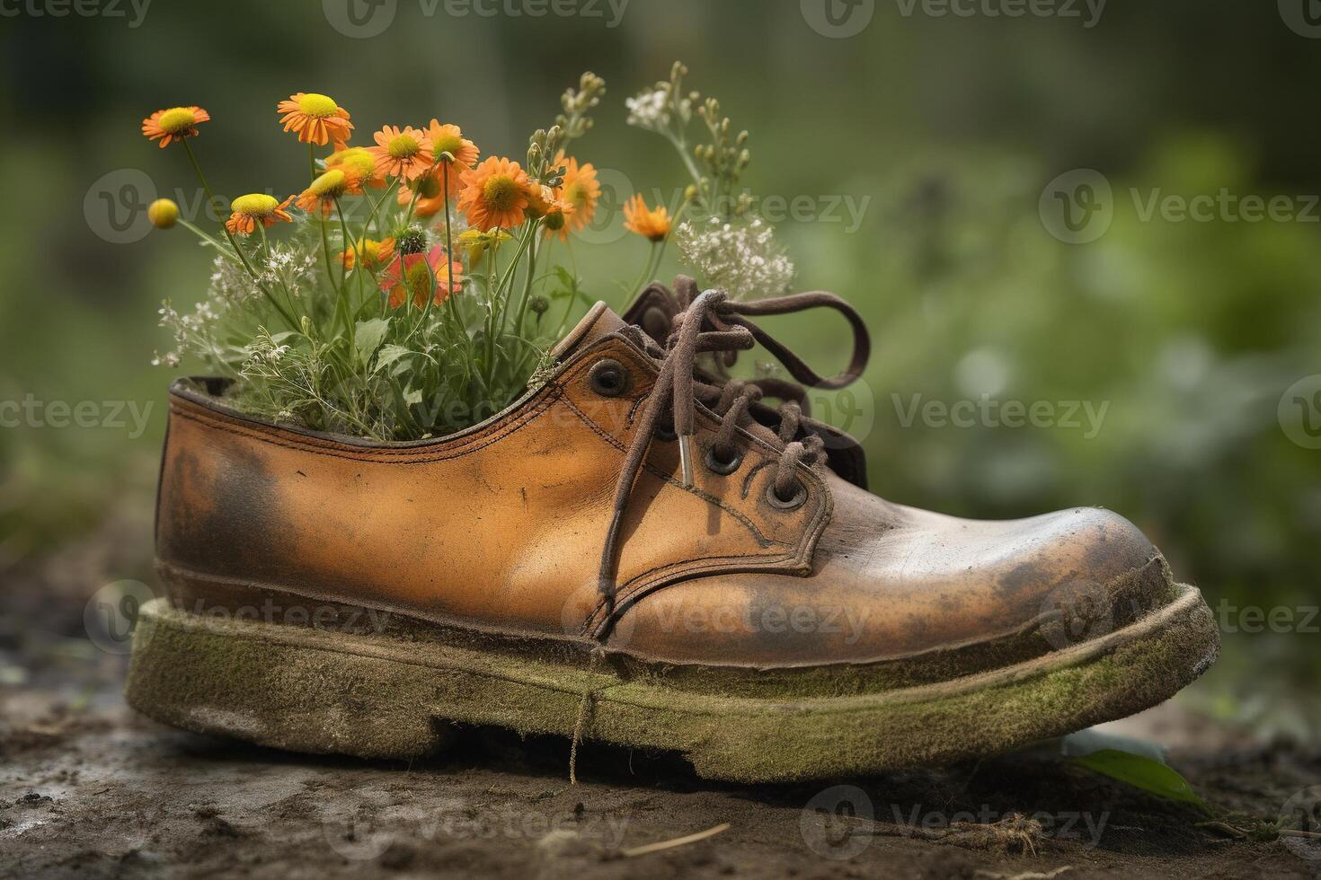 , Old boot with meadow spring flowers, handmade shoe planter. Environmental activism concept photo