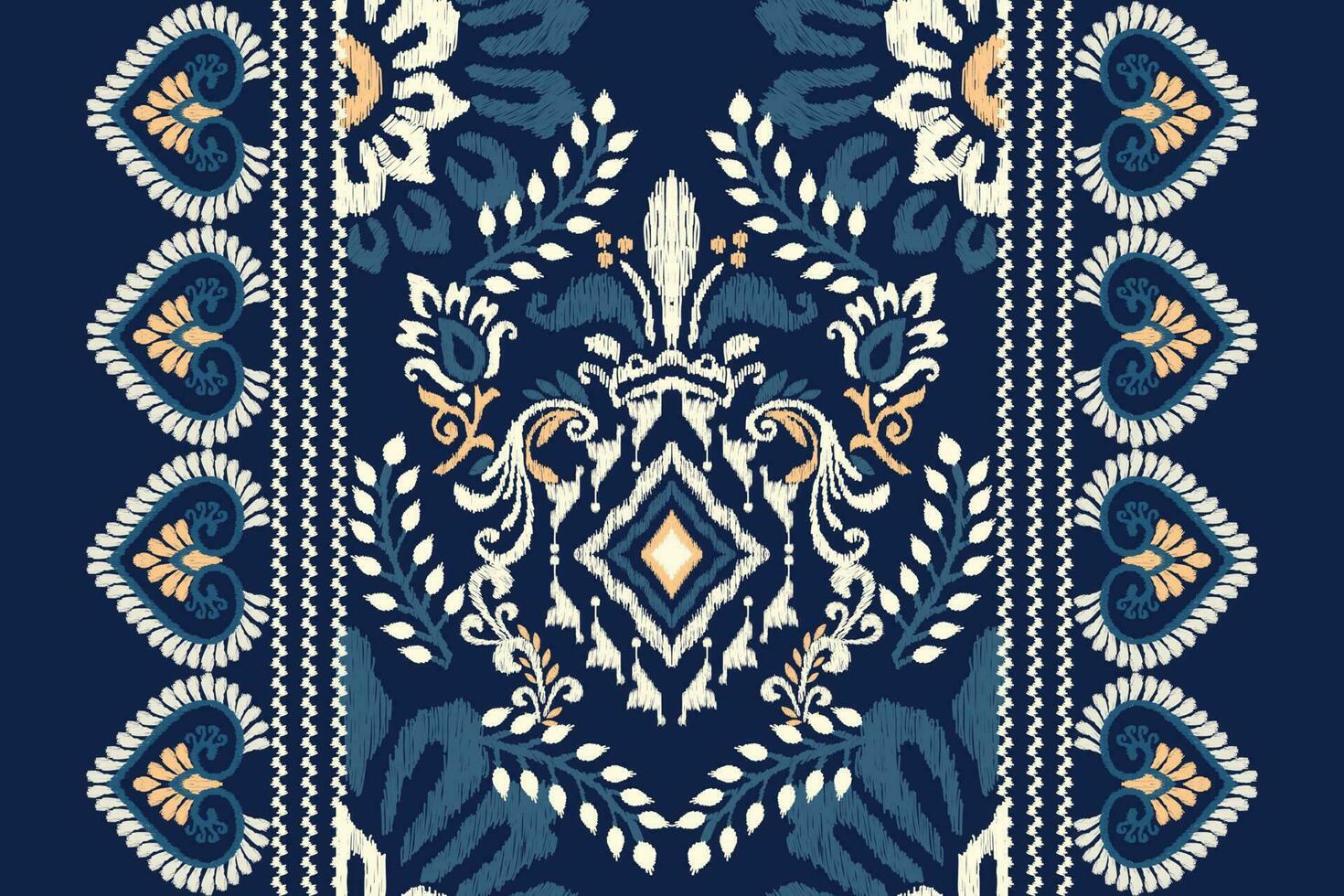 Ikat floral paisley embroidery on navy blue background.Ikat ethnic oriental pattern traditional.Aztec style abstract vector illustration.design for texture,fabric,clothing,wrapping,decoration,carpet.