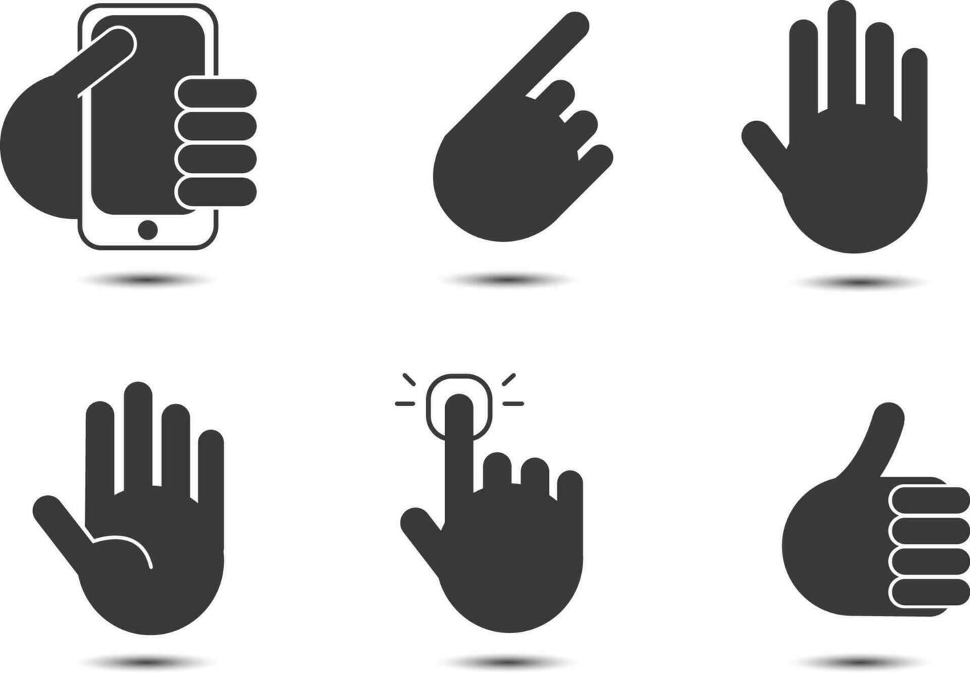 vector set of black silhouette hand icons, signs isolated. Hand, holding iphone apple, voting hand, palm, clicking, pushing the bottom hand