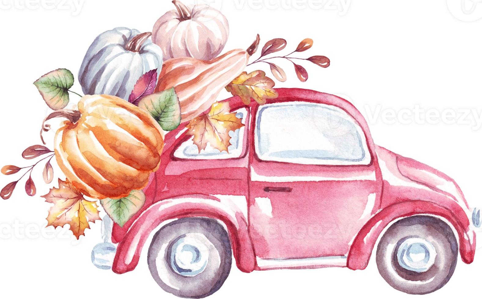 Car with pumpkins. Watercolor clipart png