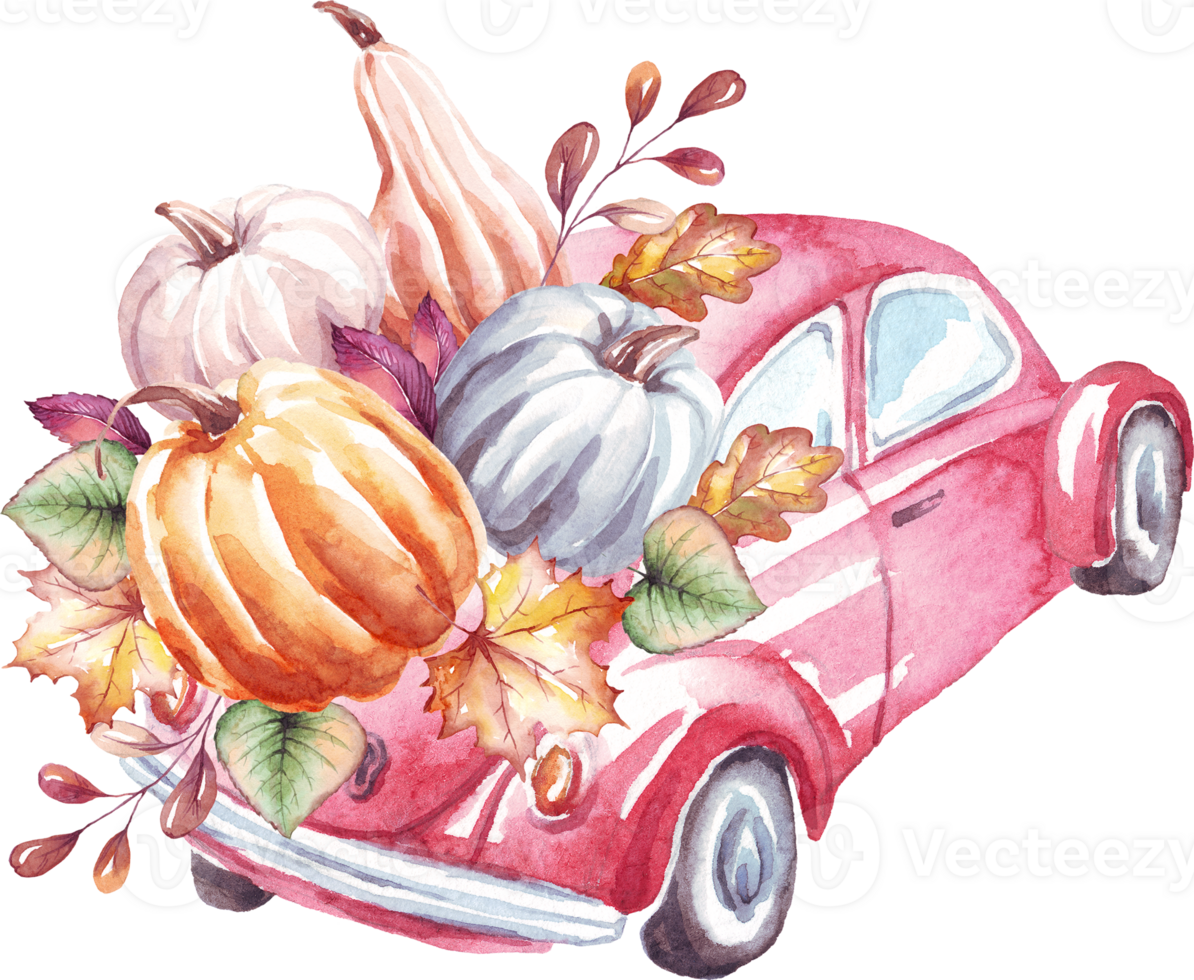 Car with pumpkins. Watercolor clipart png