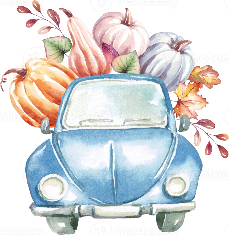 Car with pumpkins. Watercolor clipart png