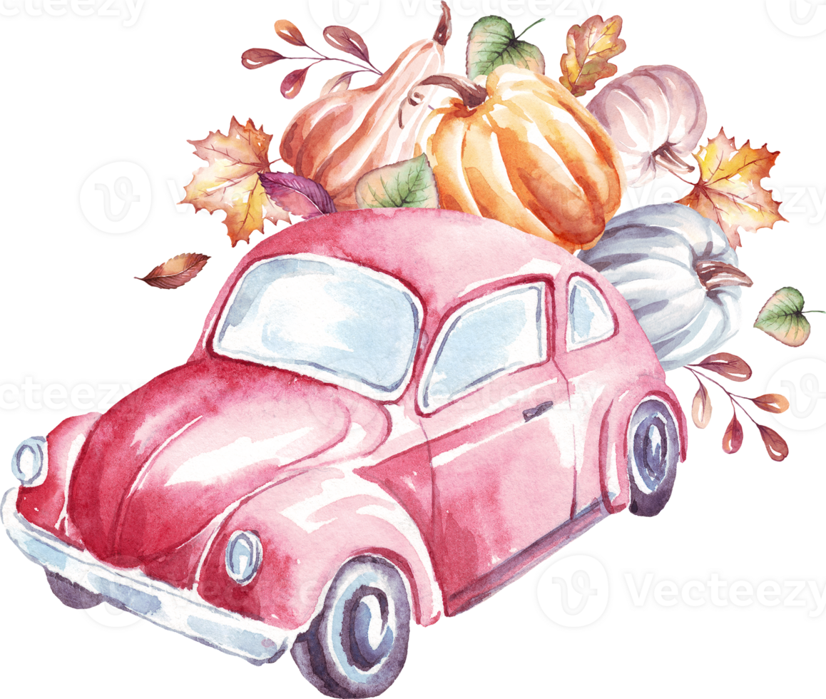 Car with pumpkins. Watercolor clipart png