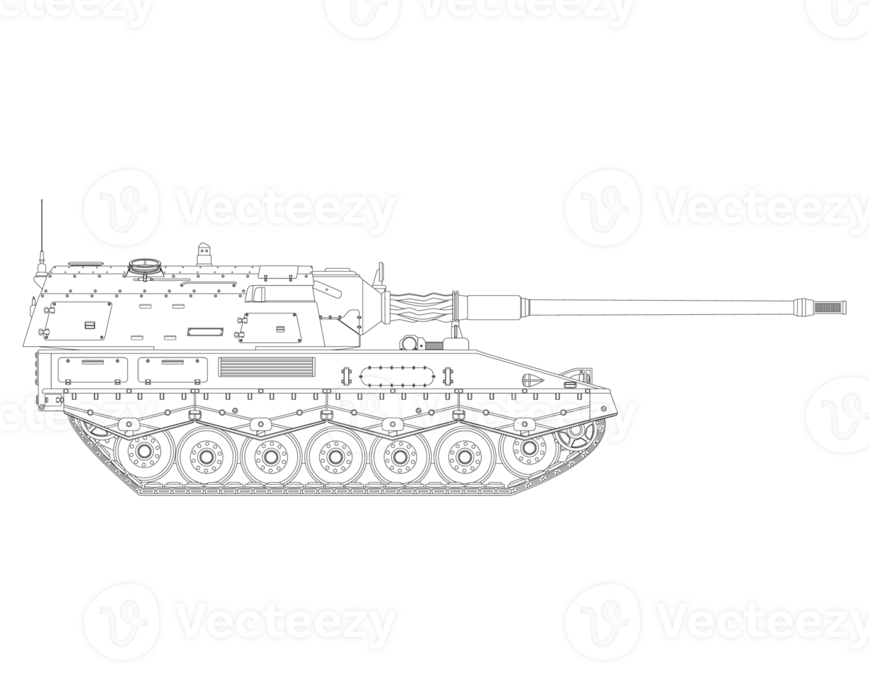 Self-propelled howitzer in line art. German 155 mm Panzerhaubitze 2000. Military armored vehicle. Detailed PNG illustration.