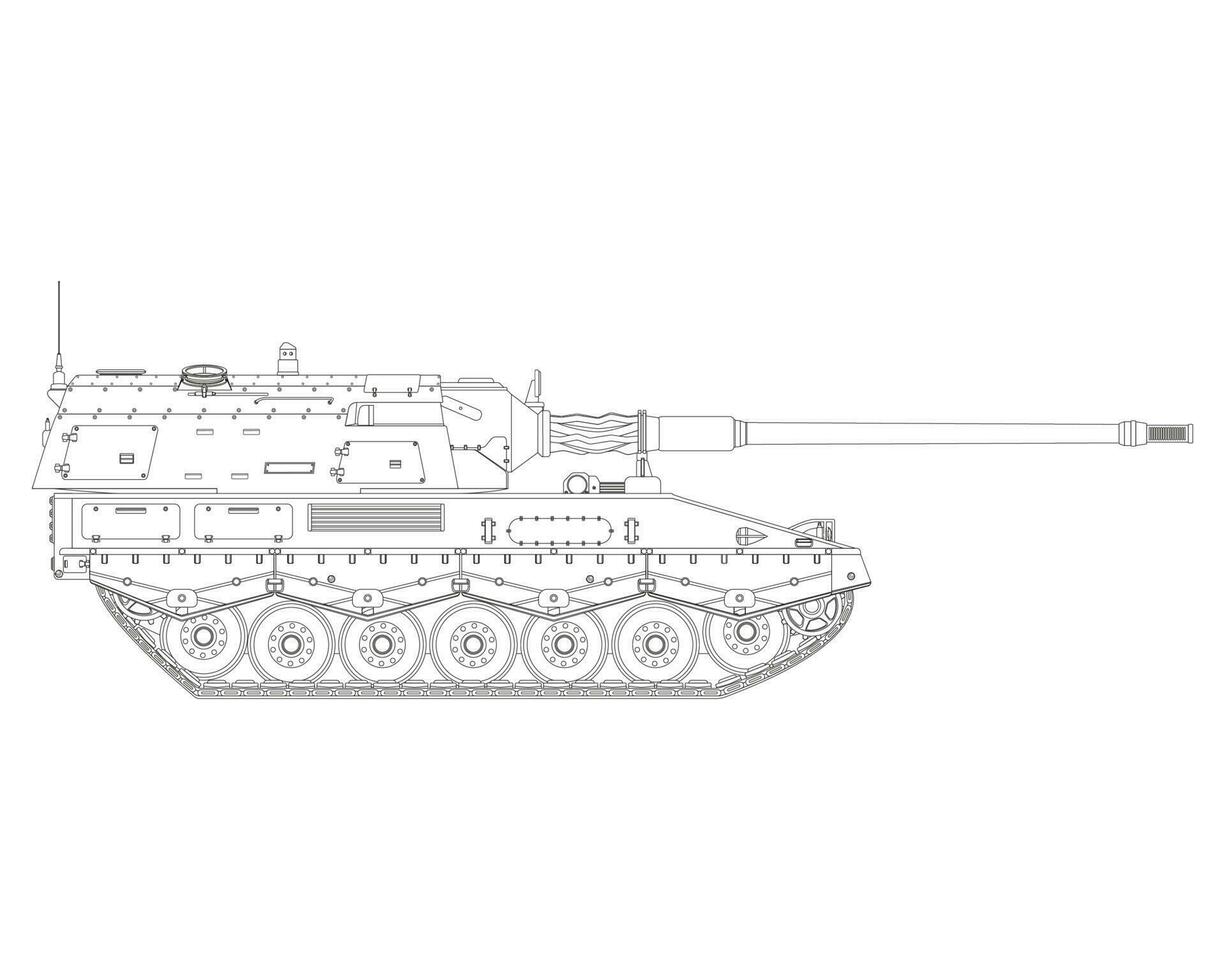 Self-propelled howitzer in line art. German 155 mm Panzerhaubitze 2000. Military armored vehicle. Detailed vector illustration isolated on white background.