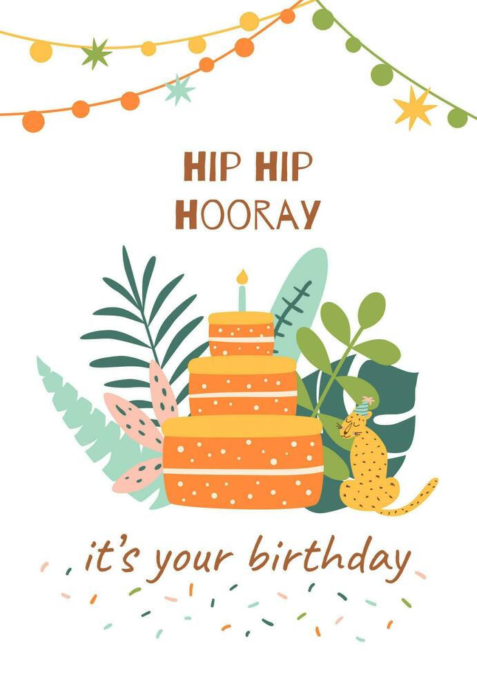 Jungle cake. Tropical birthday cake with candle, leopard, wild tropical leaves. Hand drawn jungle party graphic element. Safari vector illustration invitation. Jungle birthday poster. Hip hip hooray.