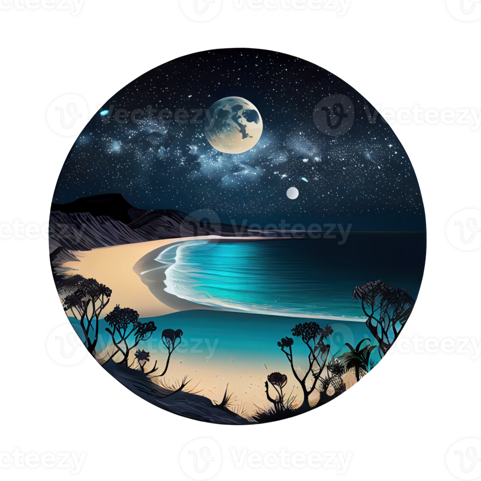Moon and stars at night tess, landscape with palm trees, retro syntes color design, ocean wave . png