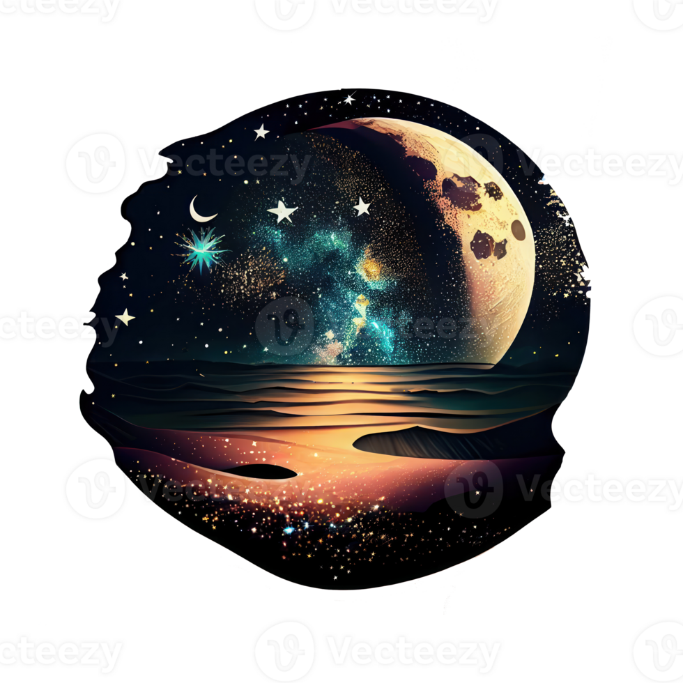 Moon and stars at night tess, landscape with palm trees, retro syntes color design, ocean wave . png