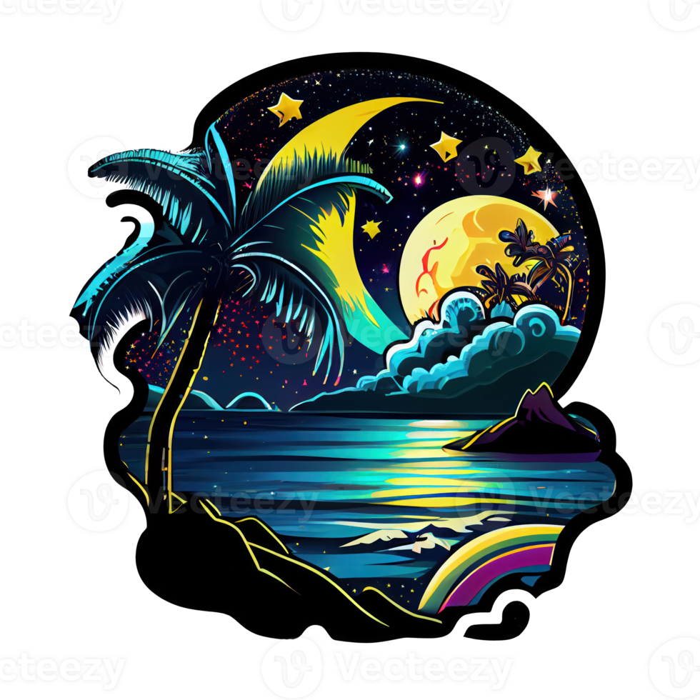 Moon and stars at night tess, landscape with palm trees, retro syntes color design, ocean wave . png