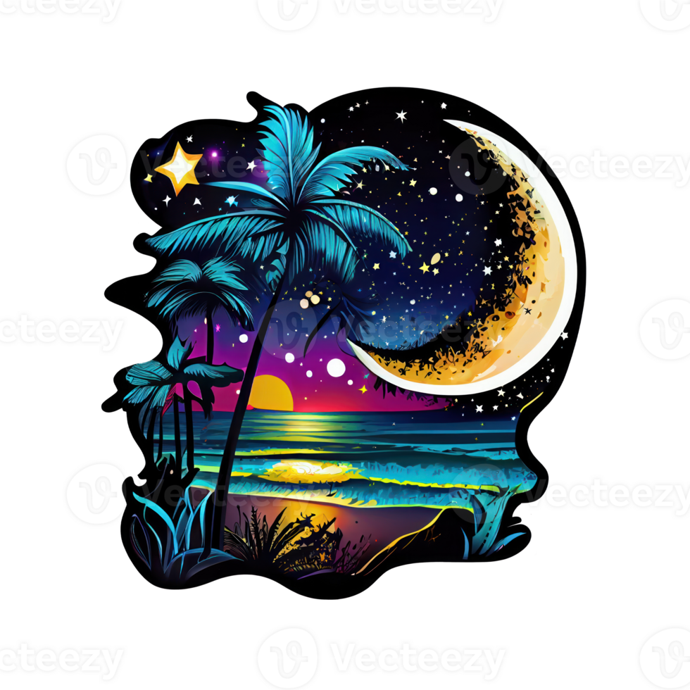 Moon and stars at night tess, landscape with palm trees, retro syntes color design, ocean wave . png