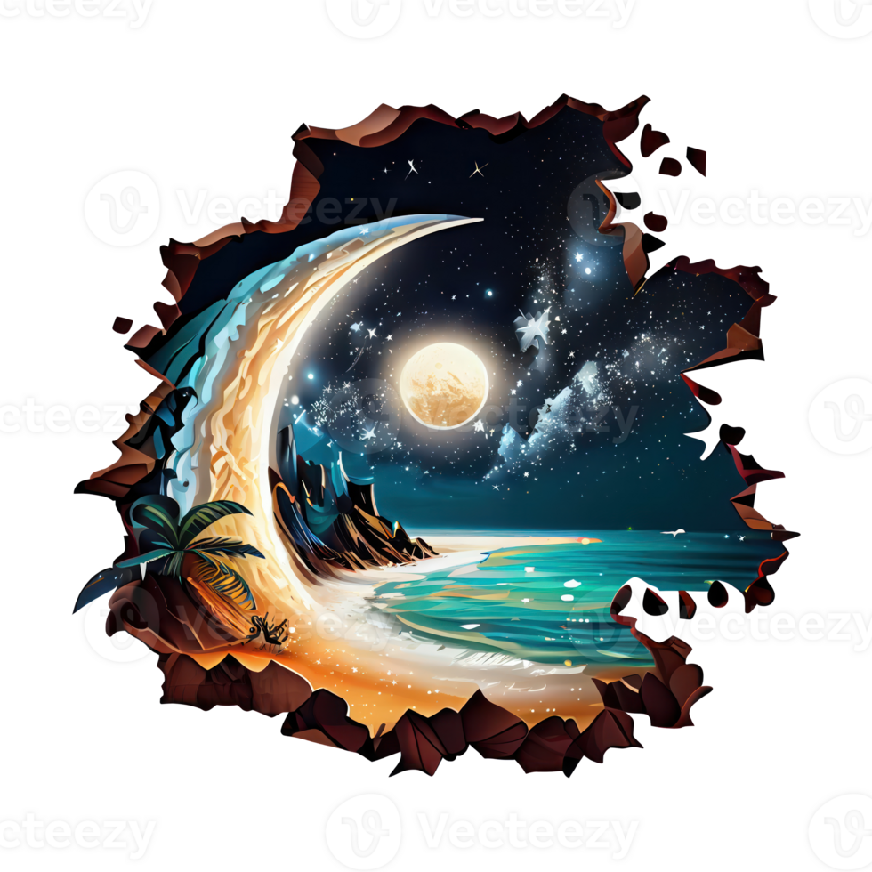 Moon and stars at night tess, landscape with palm trees, retro syntes color design, ocean wave . png