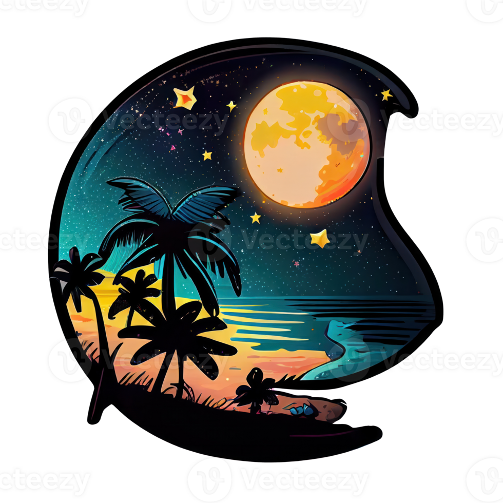 Moon and stars at night tess, landscape with palm trees, retro syntes color design, ocean wave . png