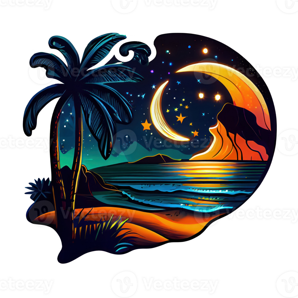 Moon and stars at night tess, landscape with palm trees, retro syntes color design, ocean wave . png