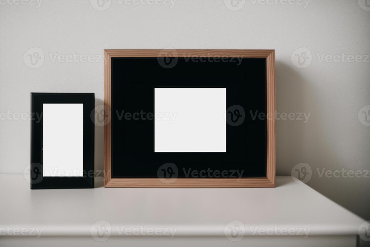 Photo frame on the wooden table. Blank wooden photo frame. Mock up.