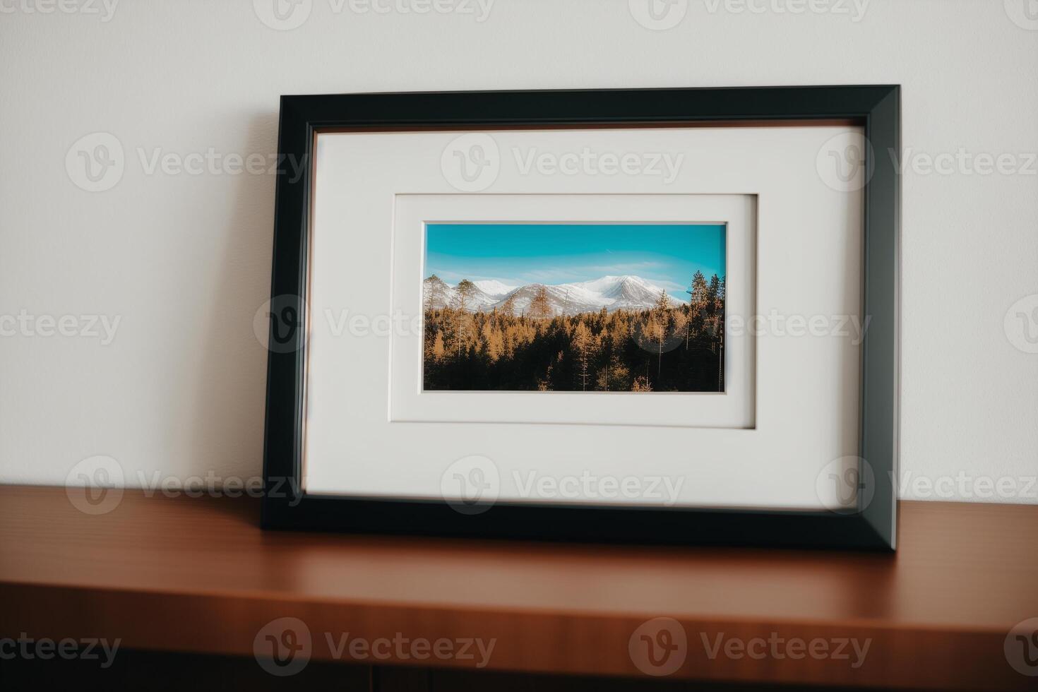 Photo frame on the wooden table. Blank wooden photo frame. Mock up.