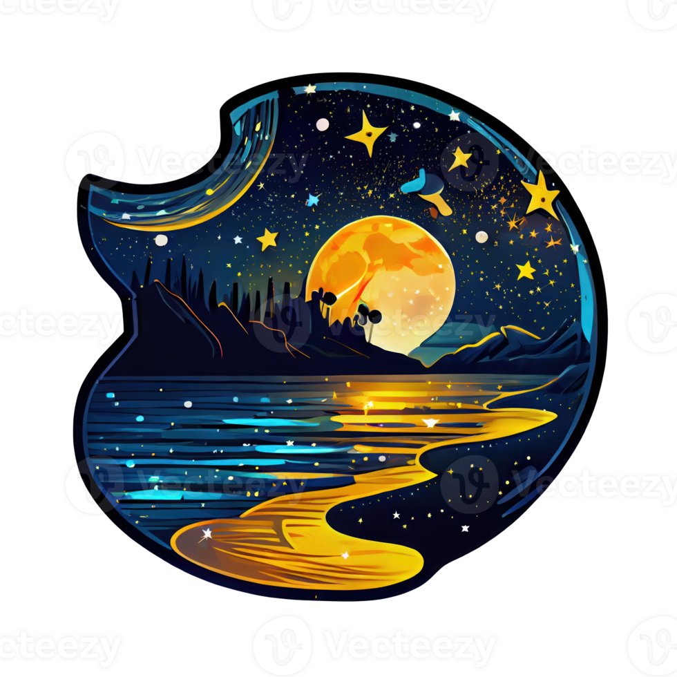 Moon and stars at night tess, landscape with palm trees, retro syntes color design, ocean wave . png