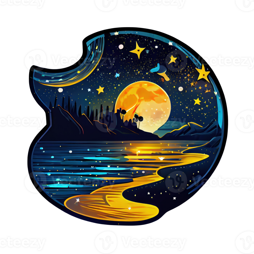 Mond und Sterne beim Nacht Tess, Landschaft mit Palme Bäume, retro Syntes Farbe Design, Ozean Welle . ai generiert png