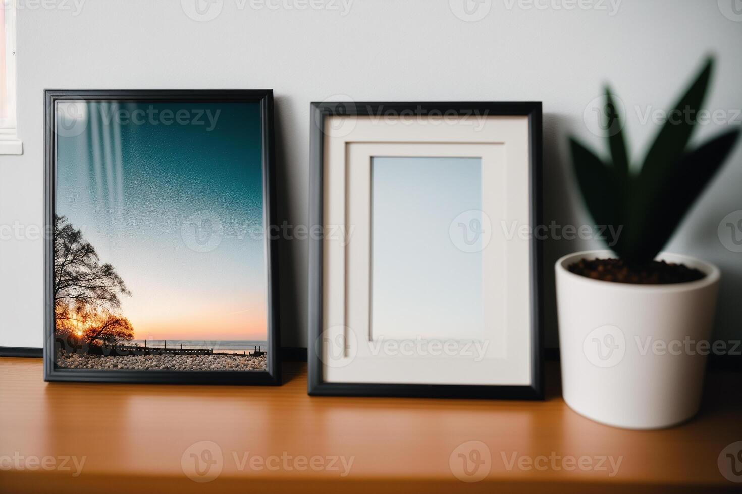 Photo frame on the wooden table. Blank wooden photo frame. Mock up.