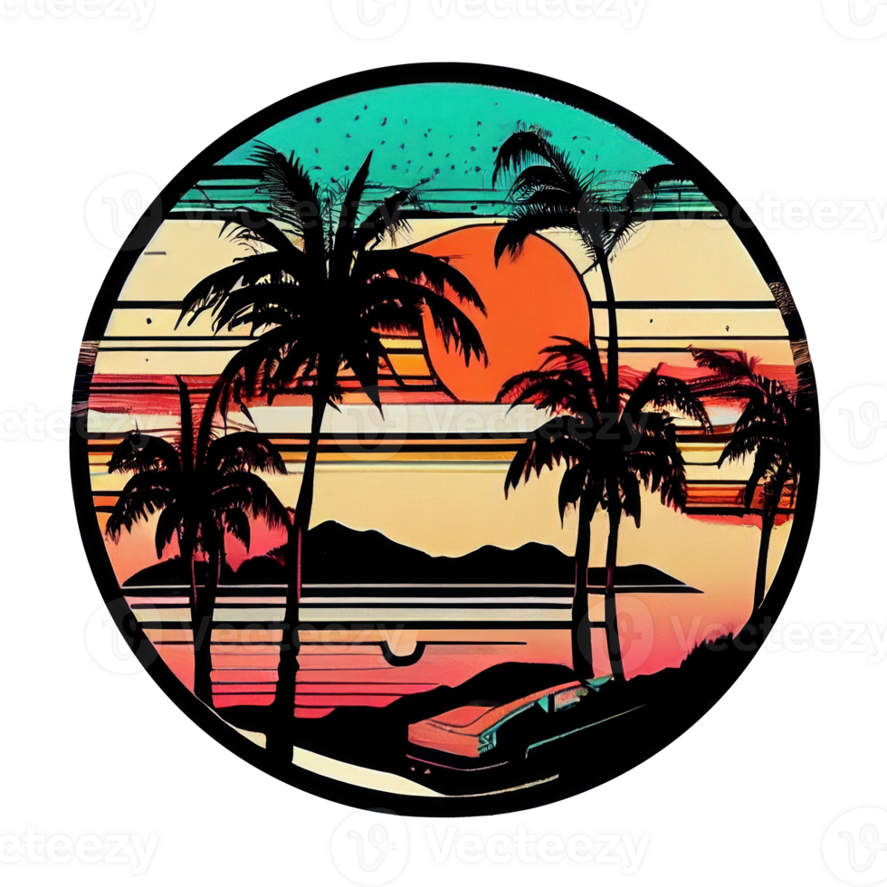 Moon and stars at night tess, landscape with palm trees, retro syntes color design, ocean wave . png
