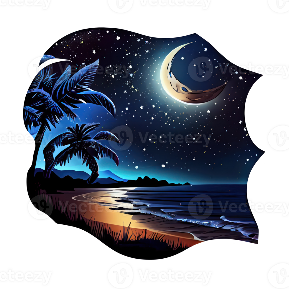lua e estrelas às noite tess, panorama com Palma árvores, retro sintes cor projeto, oceano onda . ai gerado png