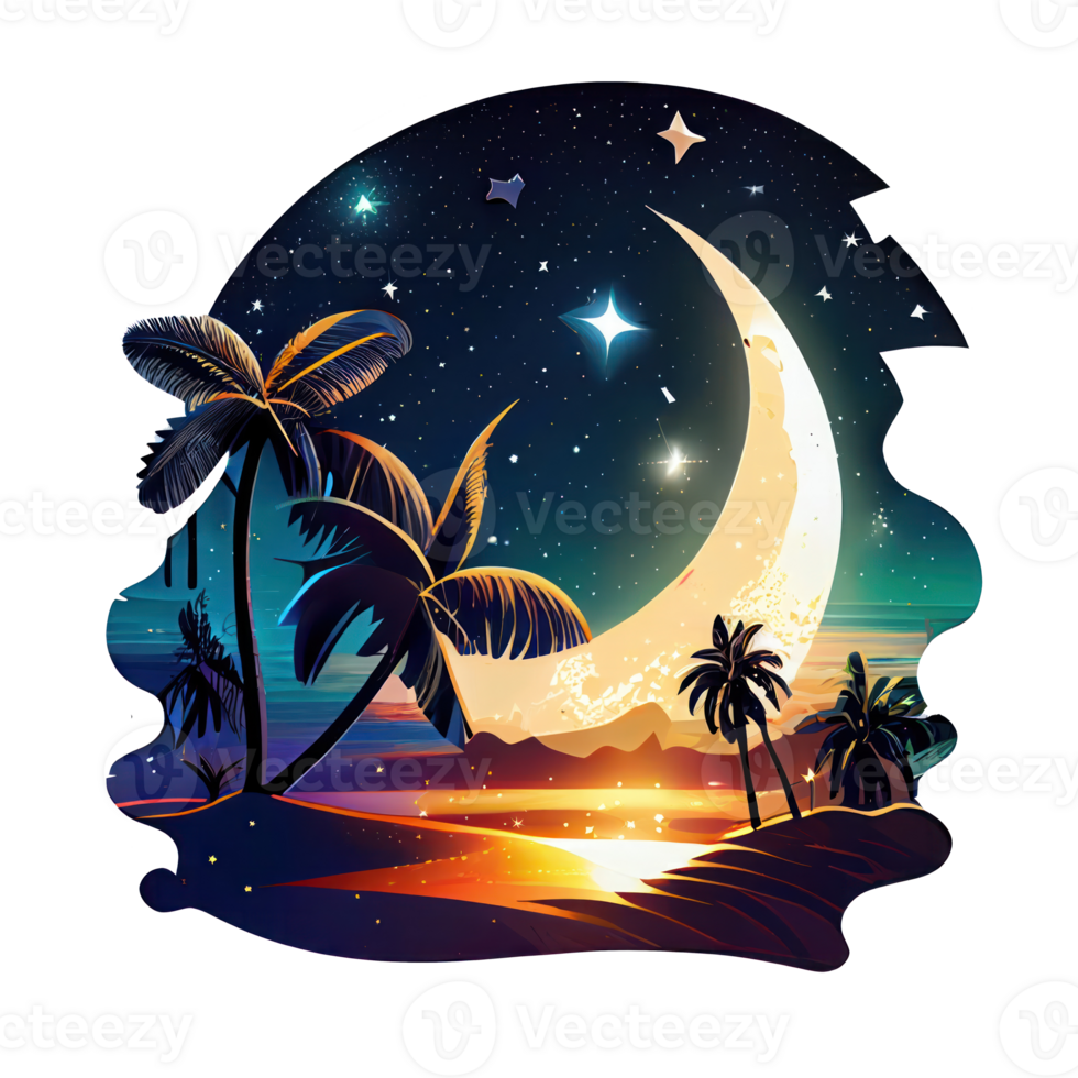 Moon and stars at night tess, landscape with palm trees, retro syntes color design, ocean wave . png