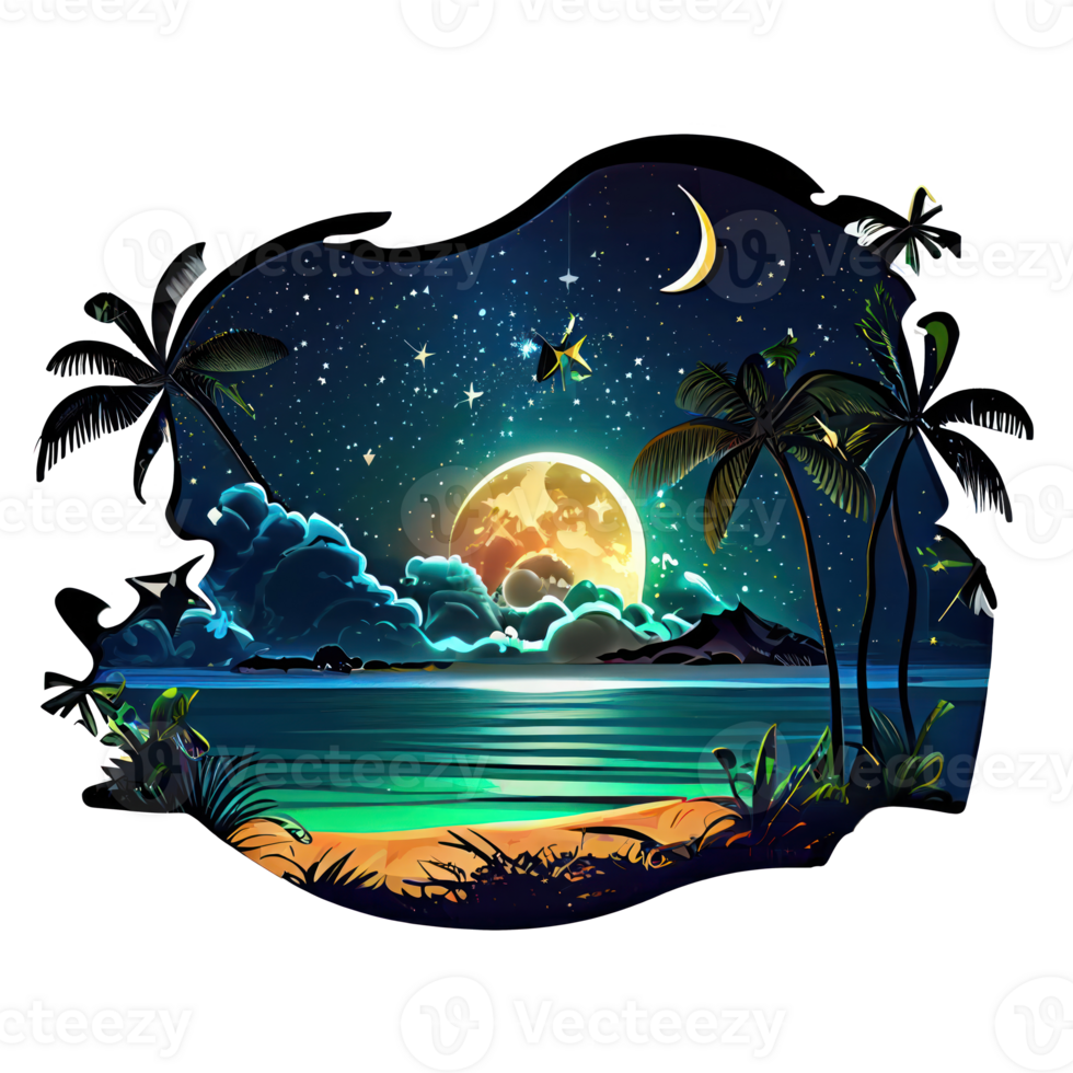 Moon and stars at night tess, landscape with palm trees, retro syntes color design, ocean wave . png