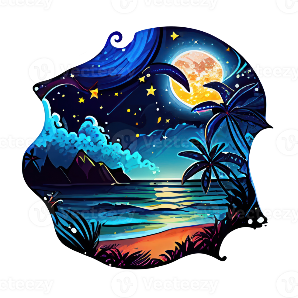 Moon and stars at night tess, landscape with palm trees, retro syntes color design, ocean wave . png