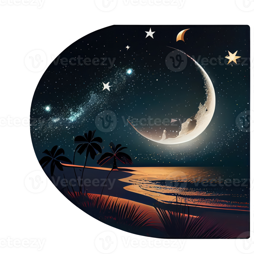 Luna y estrellas a noche tess, paisaje con palma árboles, retro sintetizadores color diseño, Oceano ola . ai generado png