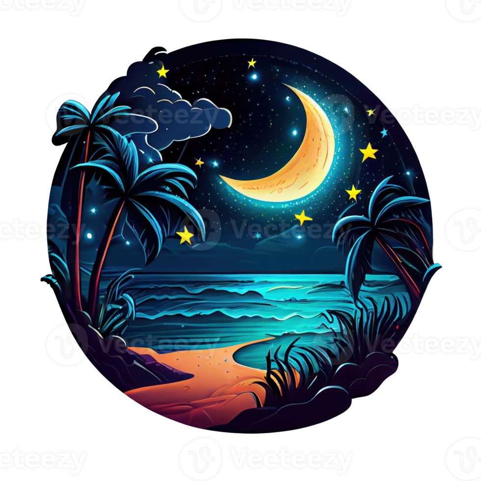 Luna y estrellas a noche tess, paisaje con palma árboles, retro sintetizadores color diseño, Oceano ola . ai generado png