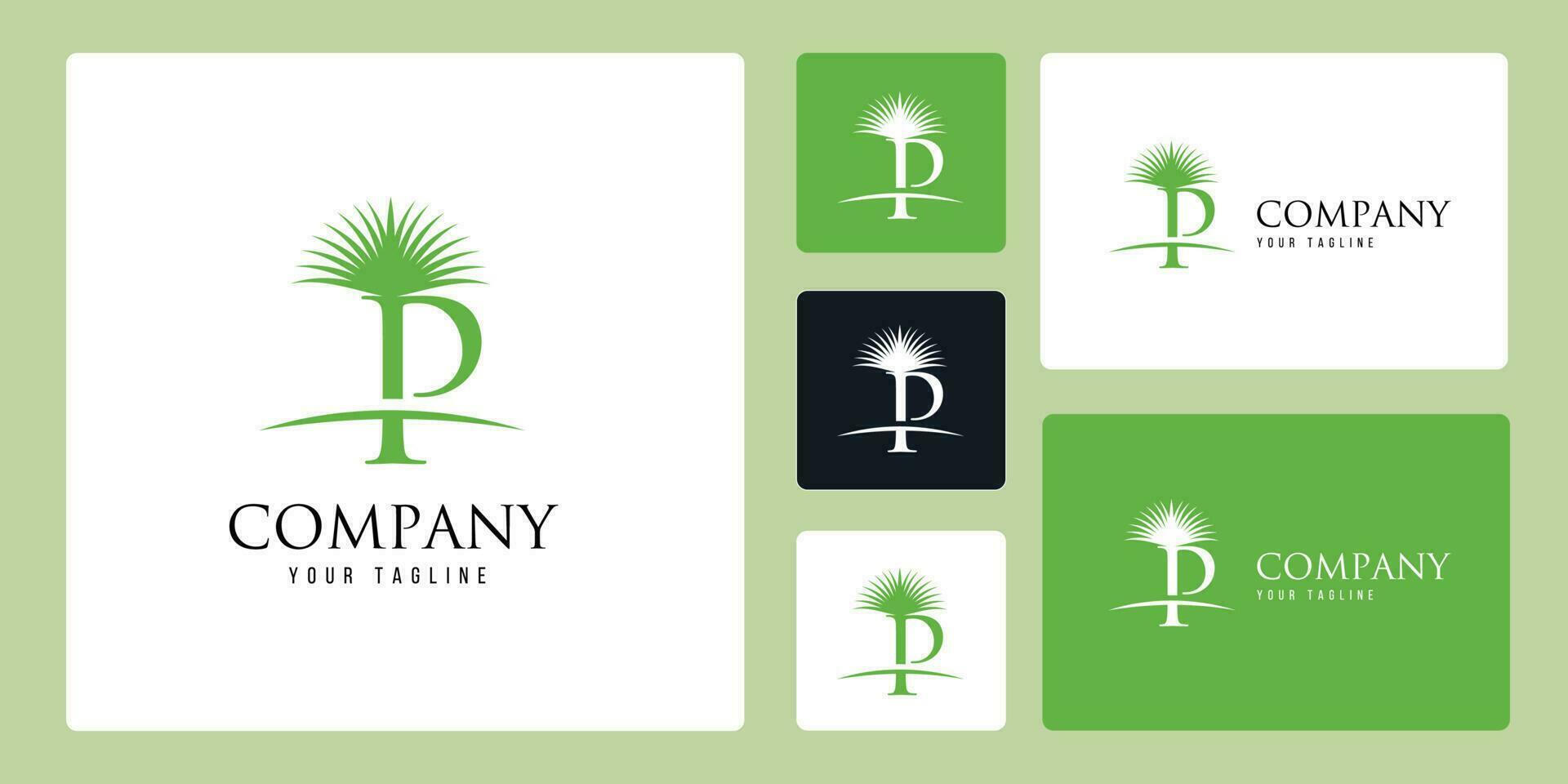 The Logo With The Theme Combination Of Palm Trees And The Letter P With Green Color Symbolizes Coolness. Suitable for use by Companies Engaged in Palm Oil, Lodging, Resorts, Beaches, and Others. vector