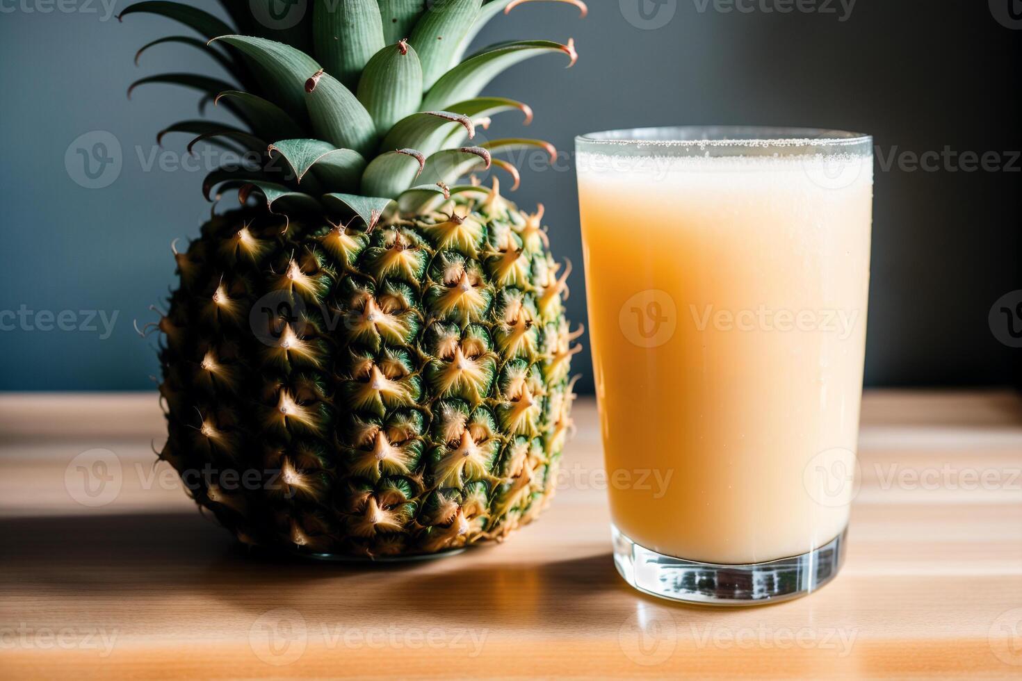 Pineapple juice in a glass on wooden table, , selective focus. Tropical background. Healthy food concept. photo