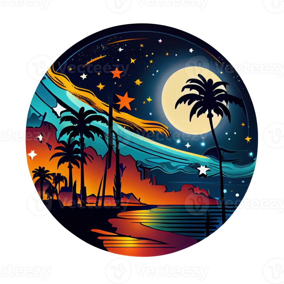 Moon and stars at night tess, landscape with palm trees, retro syntes color design, ocean wave . png