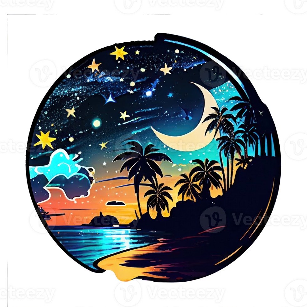 lua e estrelas às noite tess, panorama com Palma árvores, retro sintes cor projeto, oceano onda . ai gerado png