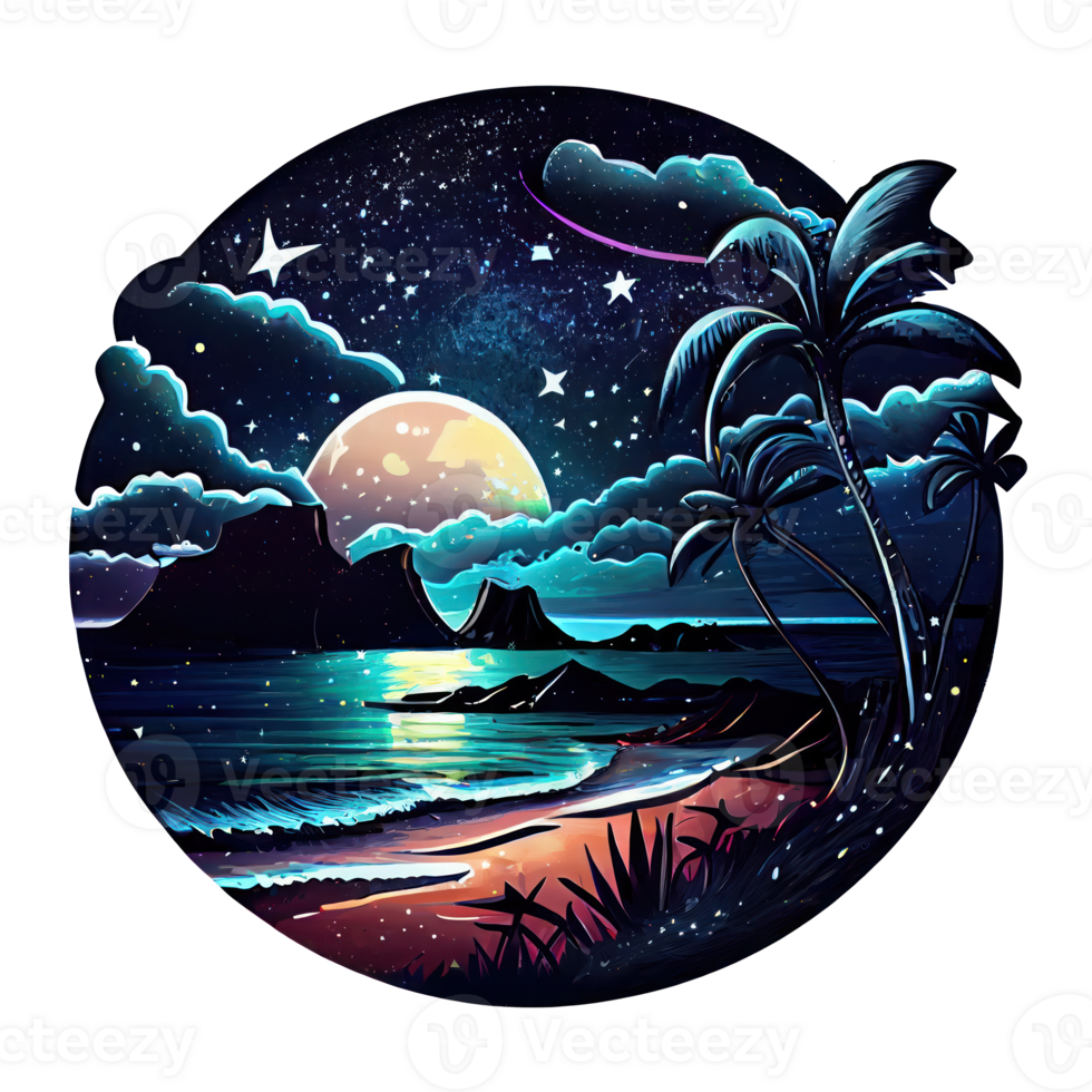 Moon and stars at night tess, landscape with palm trees, retro syntes color design, ocean wave . png