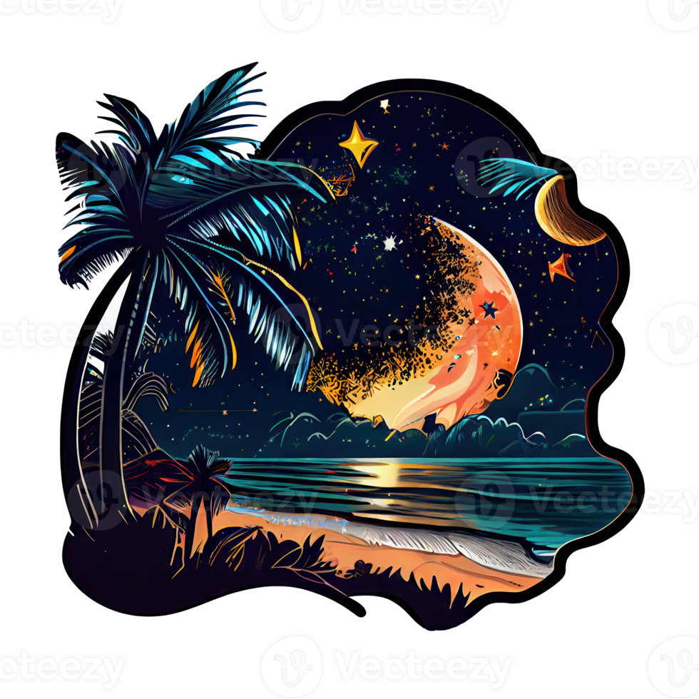 Moon and stars at night tess, landscape with palm trees, retro syntes color design, ocean wave . png