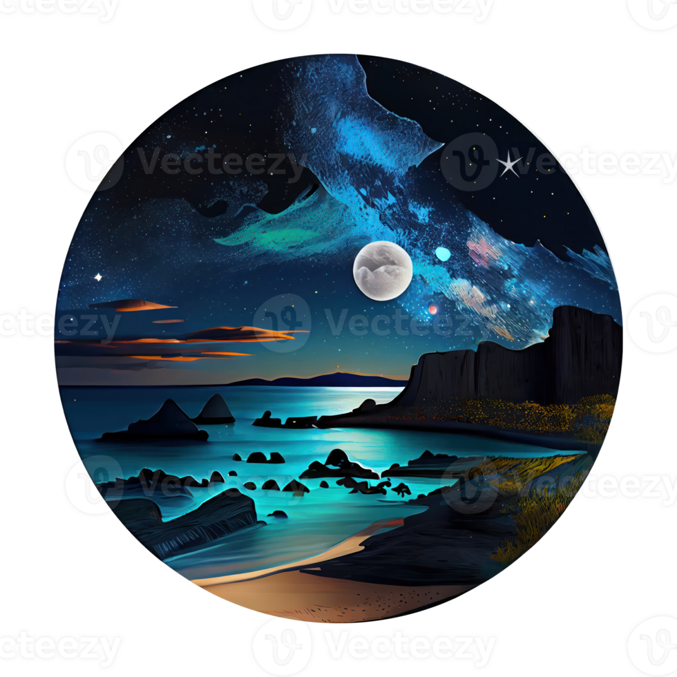 Moon and stars at night tess, landscape with palm trees, retro syntes color design, ocean wave . png