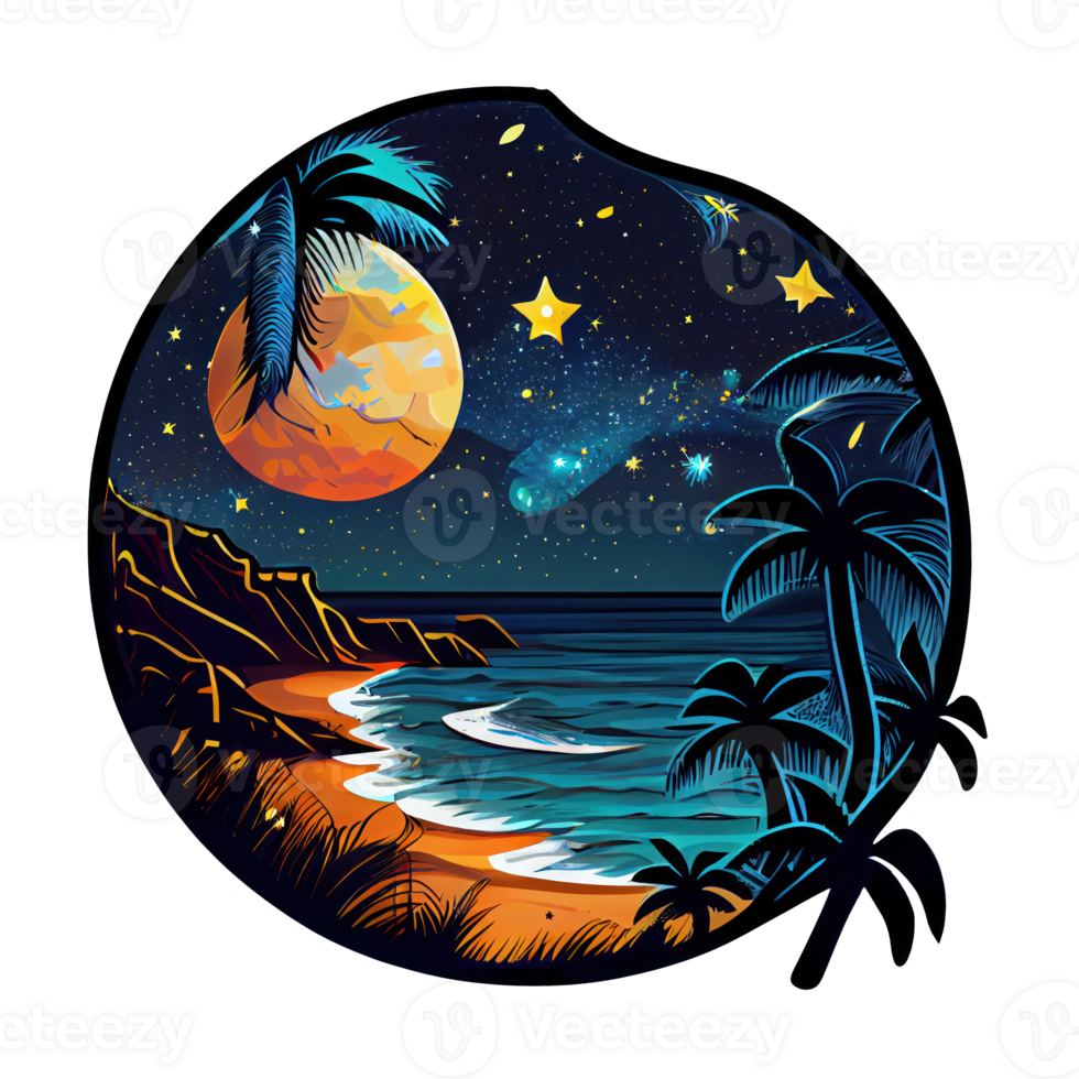 Moon and stars at night tess, landscape with palm trees, retro syntes color design, ocean wave . png