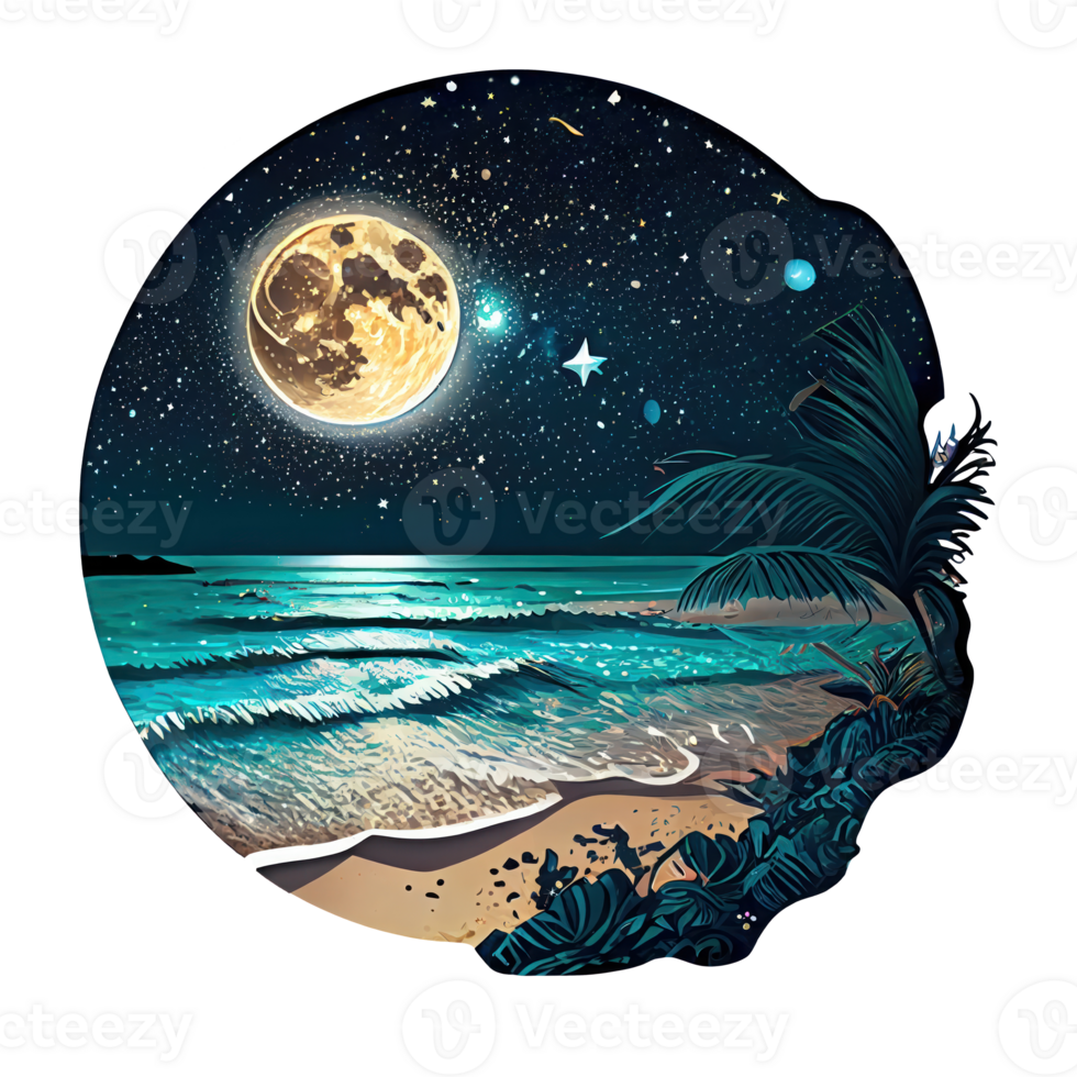 lua e estrelas às noite tess, panorama com Palma árvores, retro sintes cor projeto, oceano onda . ai gerado png