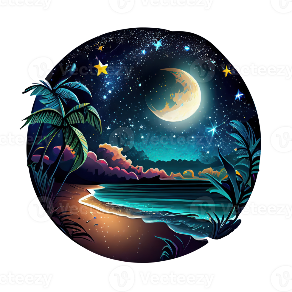 Moon and stars at night tess, landscape with palm trees, retro syntes color design, ocean wave . png