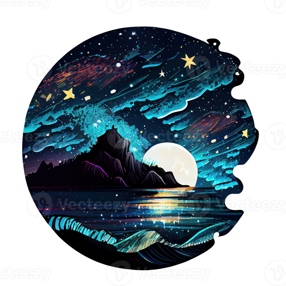Moon and stars at night tess, landscape with palm trees, retro syntes color design, ocean wave . png